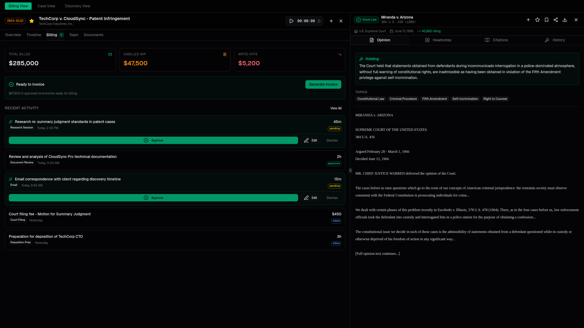 Kallisti Billing - AI suggested time entries with approve/dismiss workflow