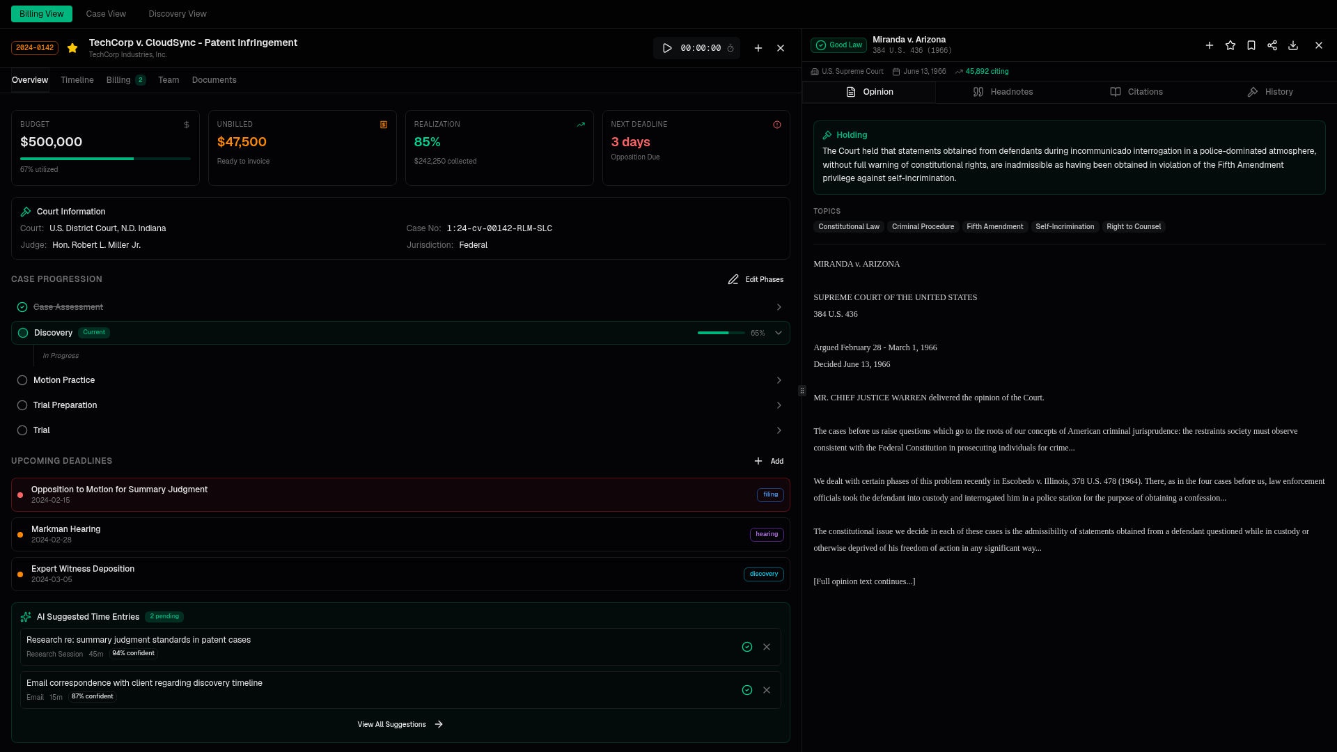 Kallisti IDE-style workspace with matter and case research side by side